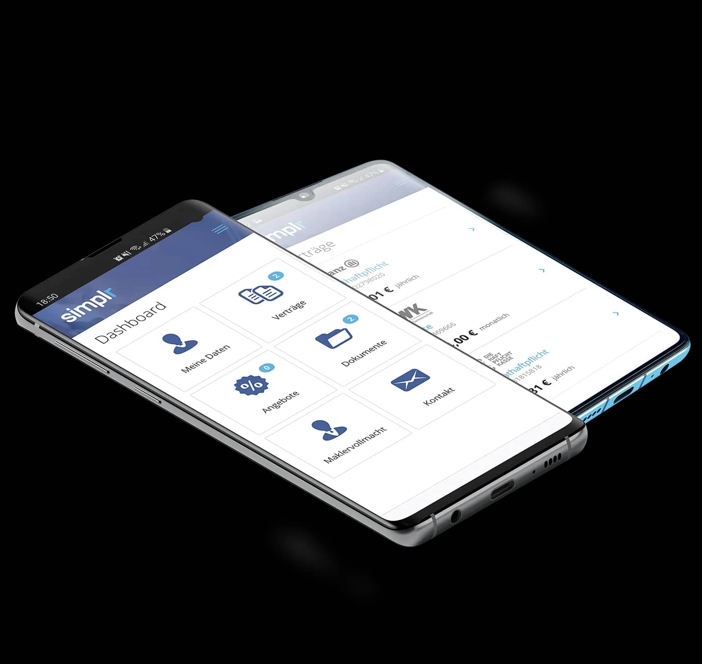 Die simplr Kunden-App auf zwei Smartphones — Vertragsübersicht und Dokumente